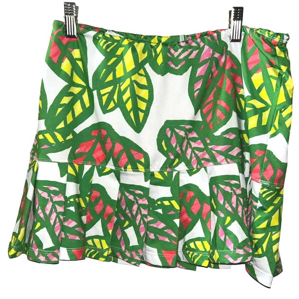 40 LIME Tropical Leaf Print Tennis Skort Green Pink Pleated Athletic Skirt M